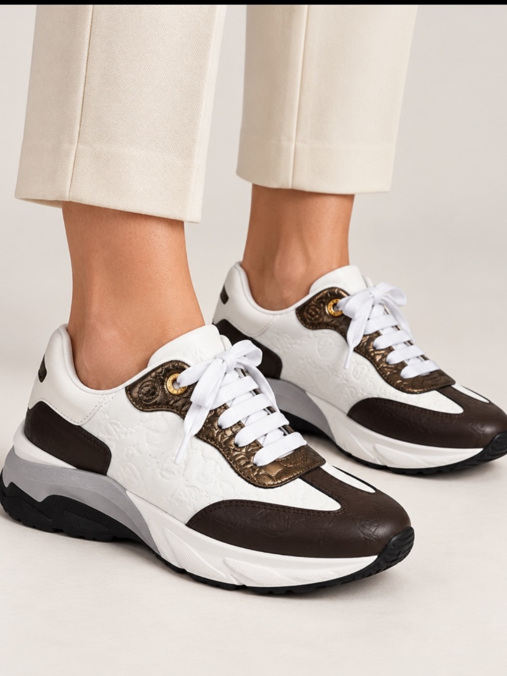 Valentino by Mario Valentino White & Bronze Chunky Sneakers